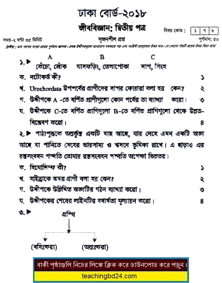HSC Biology 2nd Paper Question 2018 Dhaka Board