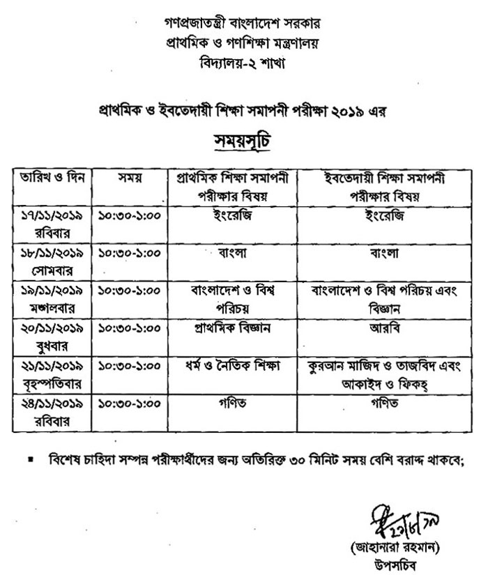 PSC Exam Routine 2019 Primary Education Board www.dpe.gov.bd