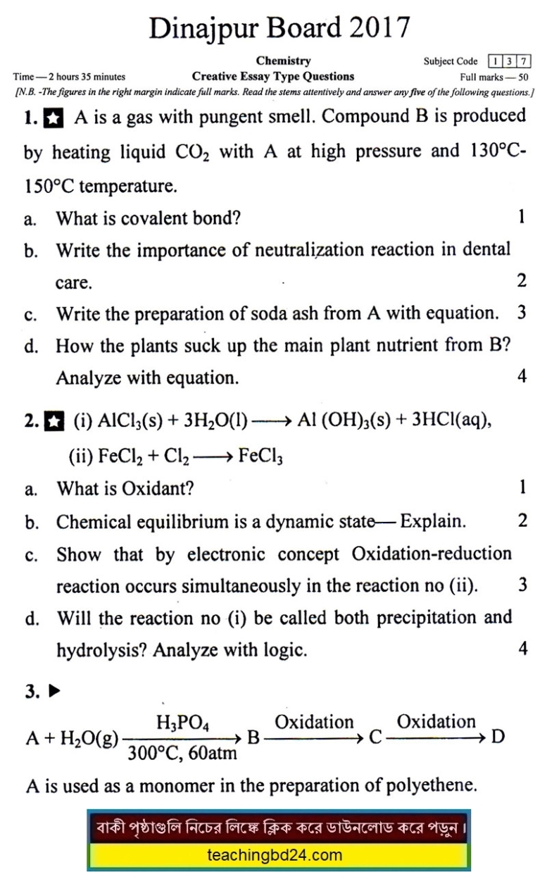 SSC EV Chemistry Question 2017 Dinajpur Board