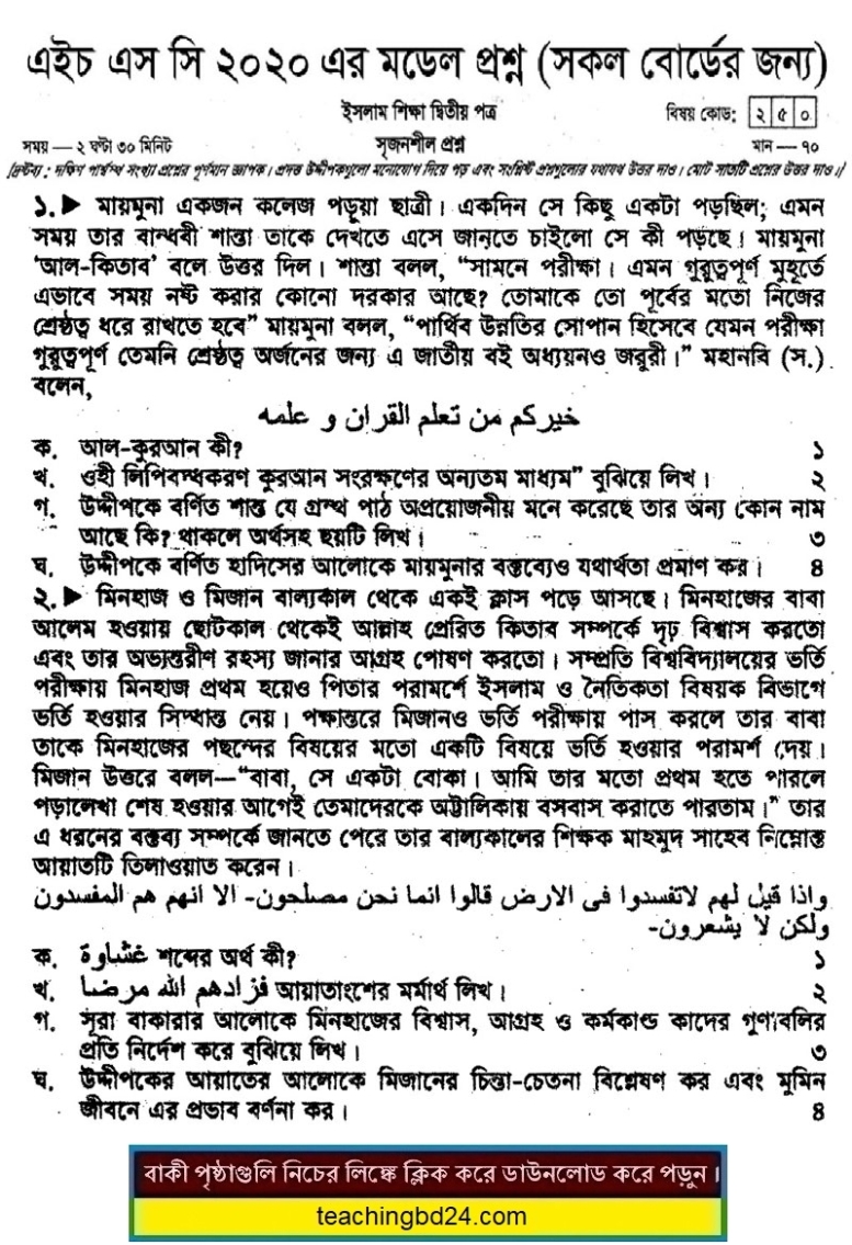 HSC Islam Education 2nd Paper Suggestion and Question Patterns 2020-2