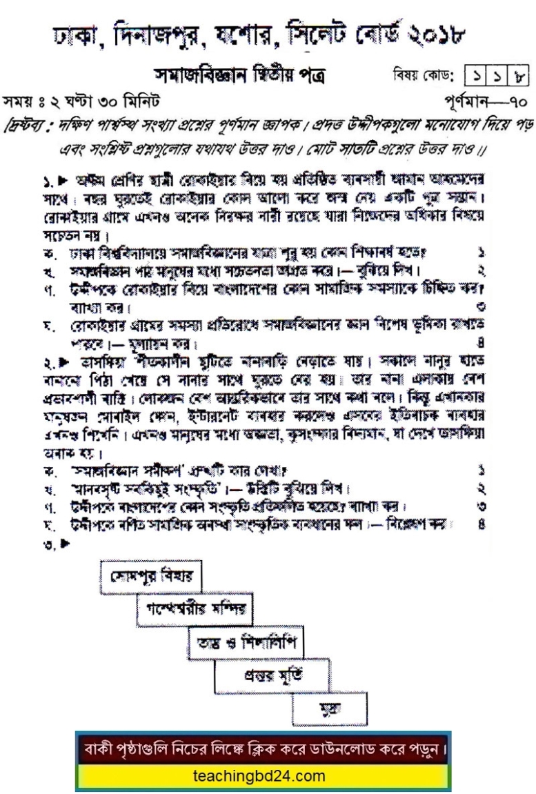 HSC Sociology 2nd Paper Question Dhaka, Dinajpur, Jashore Sylhet Board 2018