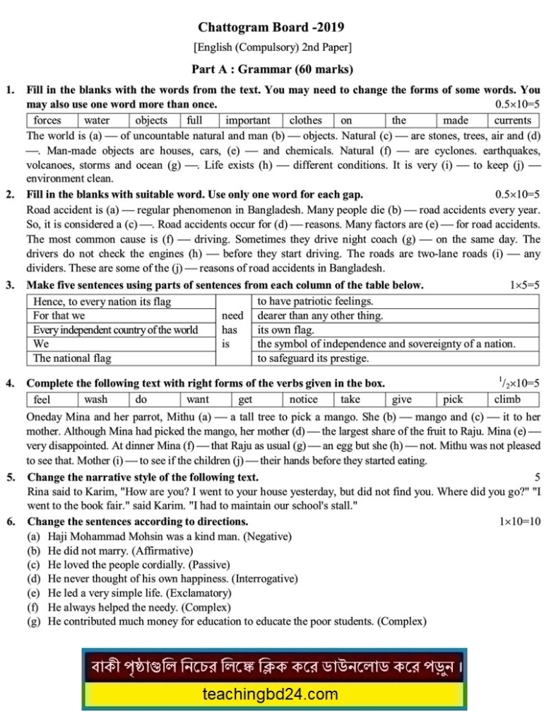 SSC English 2nd Paper Question 2019 Chattogram Board