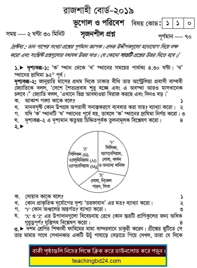 SSC Geography and Environment Question 2019 Rajshahi Board